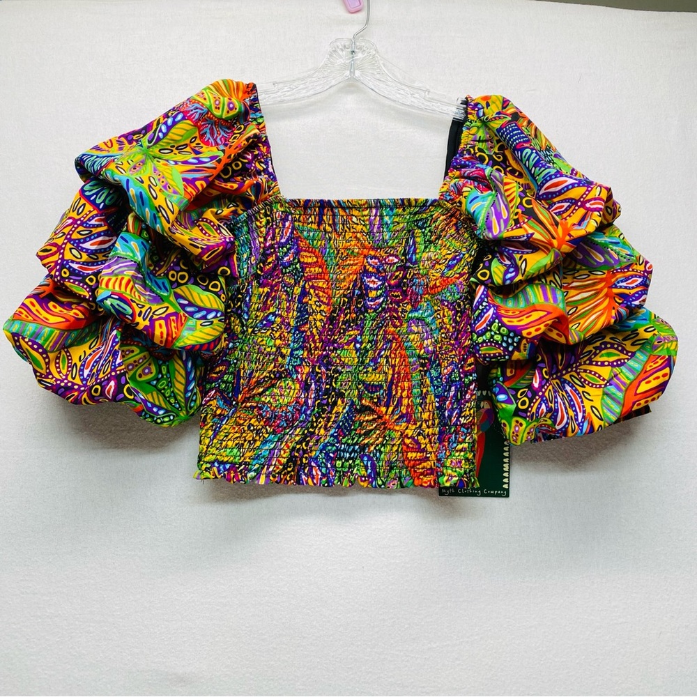 Live 4 Truth Womens Small Colorful Artsy Smocked Puff Sleeve Crop Top Whimsical